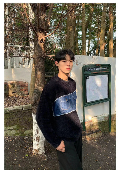 Cui Spliced Denim Block Sweater-korean-fashion-Sweater-Cui's Closet-OH Garments