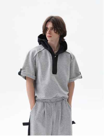 Cui Spliced Denim Hooded T-Shirt & Drawcord Sweatpants Set-korean-fashion-Clothing Set-Cui's Closet-OH Garments