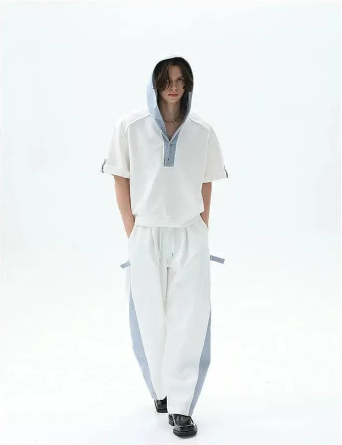 Cui Spliced Denim Hooded T-Shirt & Drawcord Sweatpants Set-korean-fashion-Clothing Set-Cui's Closet-OH Garments