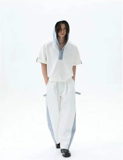 Cui Spliced Denim Hooded T-Shirt & Drawcord Sweatpants Set-korean-fashion-Clothing Set-Cui's Closet-OH Garments