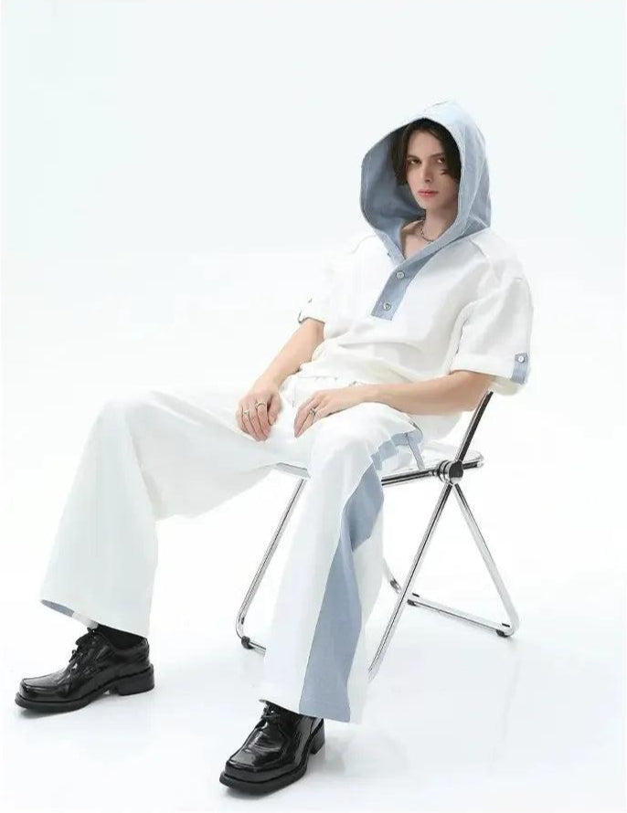 Cui Spliced Denim Hooded T-Shirt & Drawcord Sweatpants Set-korean-fashion-Clothing Set-Cui's Closet-OH Garments