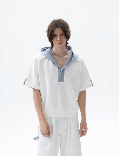 Cui Spliced Denim Hooded T-Shirt & Drawcord Sweatpants Set-korean-fashion-Clothing Set-Cui's Closet-OH Garments