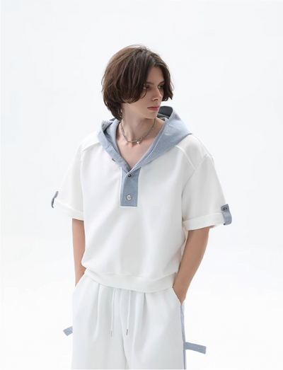 Cui Spliced Denim Hooded T-Shirt & Drawcord Sweatpants Set-korean-fashion-Clothing Set-Cui's Closet-OH Garments
