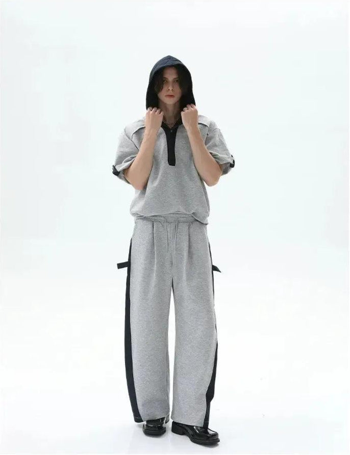 Cui Spliced Denim Hooded T-Shirt & Drawcord Sweatpants Set-korean-fashion-Clothing Set-Cui's Closet-OH Garments