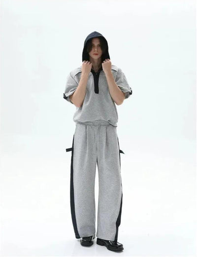 Cui Spliced Denim Hooded T-Shirt & Drawcord Sweatpants Set-korean-fashion-Clothing Set-Cui's Closet-OH Garments