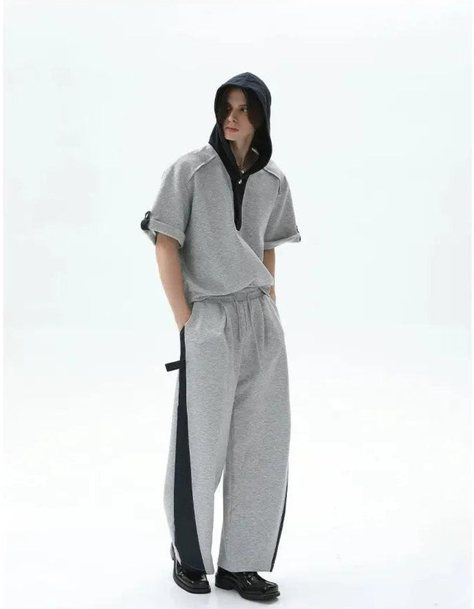 Cui Spliced Denim Hooded T-Shirt & Drawcord Sweatpants Set-korean-fashion-Clothing Set-Cui's Closet-OH Garments