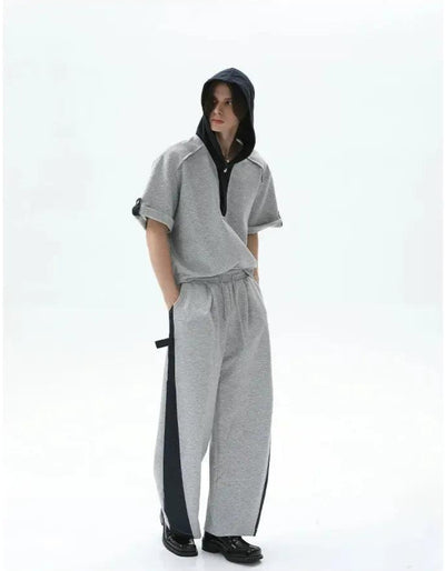 Cui Spliced Denim Hooded T-Shirt & Drawcord Sweatpants Set-korean-fashion-Clothing Set-Cui's Closet-OH Garments