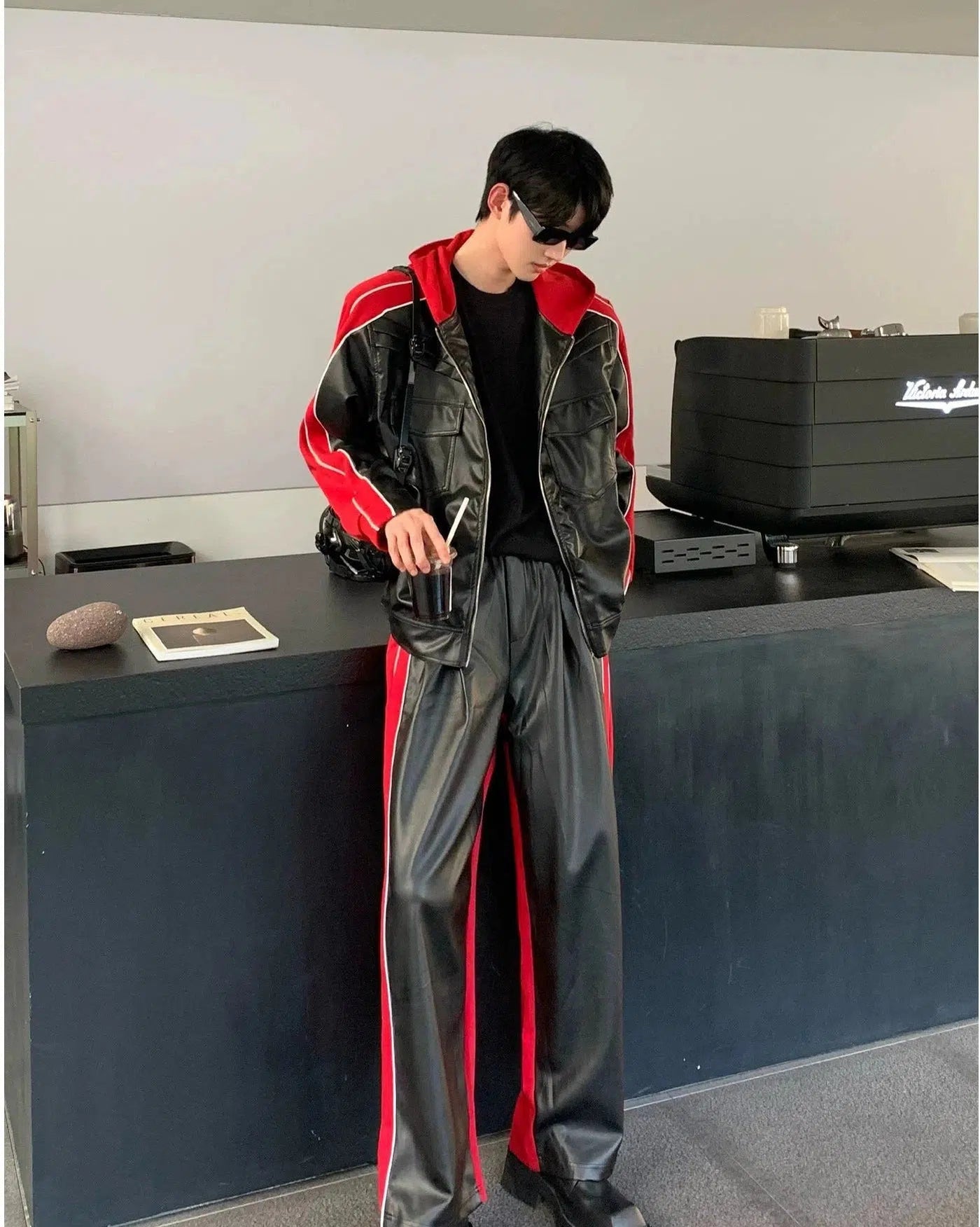 Cui Spliced Faux Leather Jacket & Pants Set-korean-fashion-Clothing Set-Cui's Closet-OH Garments