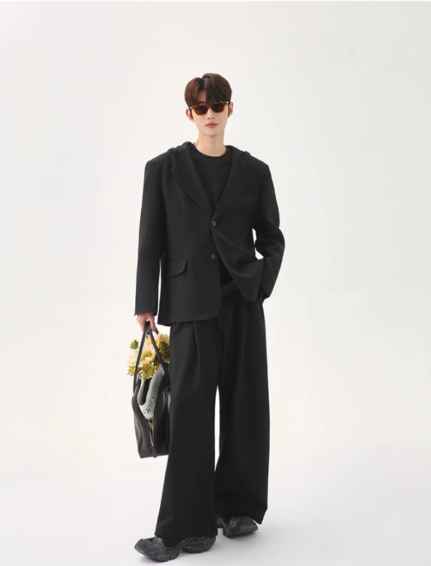 Cui Spliced Hood Blazer & Pleated Loose Pants Set-korean-fashion-Clothing Set-Cui's Closet-OH Garments