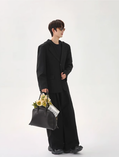 Cui Spliced Hood Blazer & Pleated Loose Pants Set-korean-fashion-Clothing Set-Cui's Closet-OH Garments
