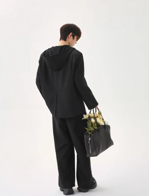 Cui Spliced Hood Blazer & Pleated Loose Pants Set-korean-fashion-Clothing Set-Cui's Closet-OH Garments