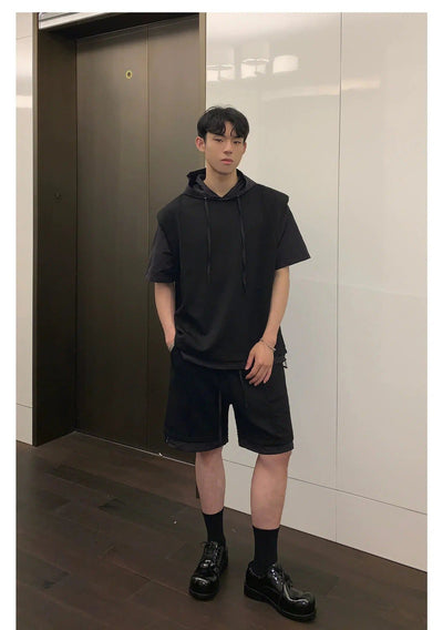 Cui Spliced Layered Short-Sleeve Hoodie & Shorts Set-korean-fashion-Clothing Set-Cui's Closet-OH Garments