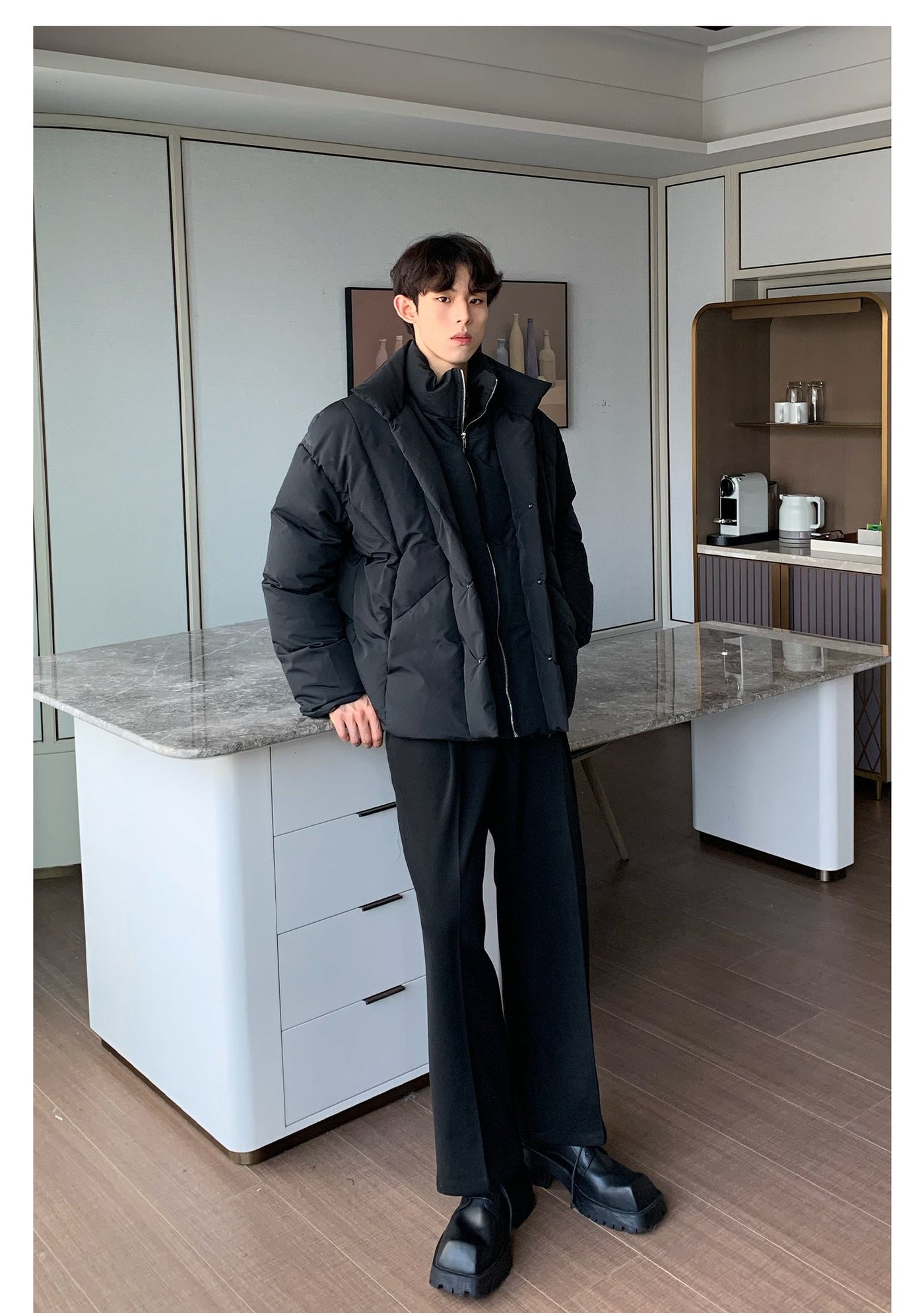 Cui Spliced Zip & Buttons Puffer Jacket-korean-fashion-Jacket-Cui's Closet-OH Garments