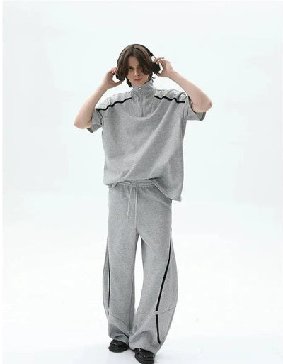 Cui Stand Collar Contrast Line Half-Zip & Structured Scimitar Sweatpants Set-korean-fashion-Clothing Set-Cui's Closet-OH Garments