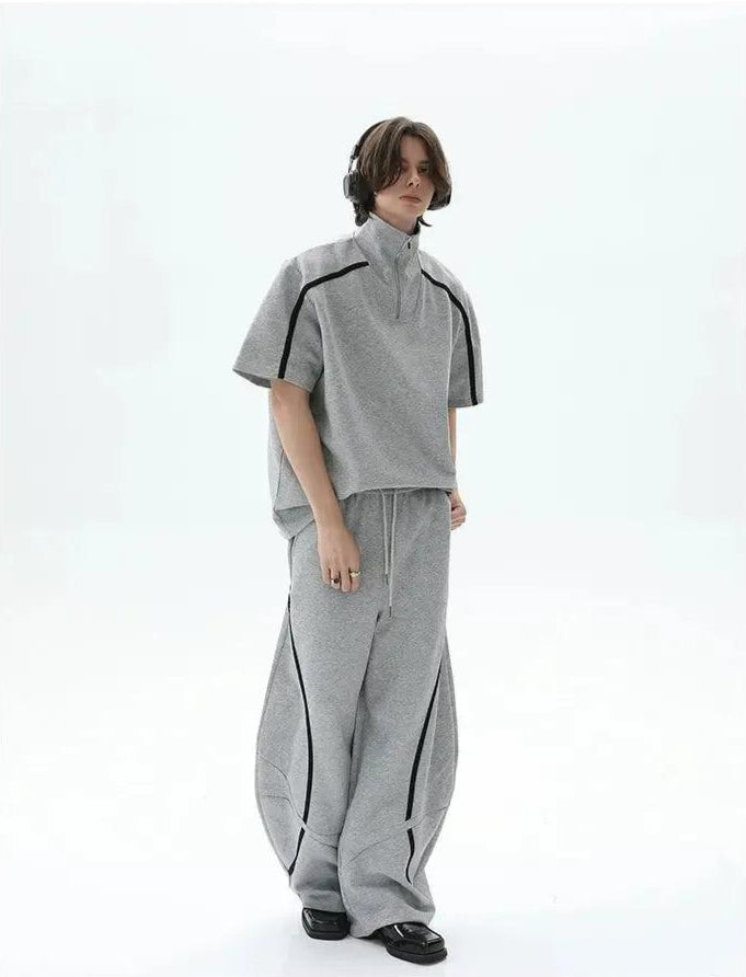 Cui Stand Collar Contrast Line Half-Zip & Structured Scimitar Sweatpants Set-korean-fashion-Clothing Set-Cui's Closet-OH Garments