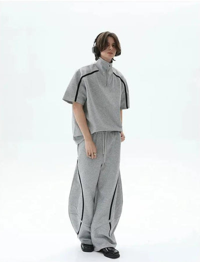 Cui Stand Collar Contrast Line Half-Zip & Structured Scimitar Sweatpants Set-korean-fashion-Clothing Set-Cui's Closet-OH Garments