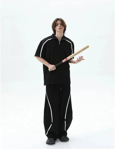 Cui Stand Collar Contrast Line Half-Zip & Structured Scimitar Sweatpants Set-korean-fashion-Clothing Set-Cui's Closet-OH Garments