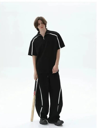 Cui Stand Collar Contrast Line Half-Zip & Structured Scimitar Sweatpants Set-korean-fashion-Clothing Set-Cui's Closet-OH Garments