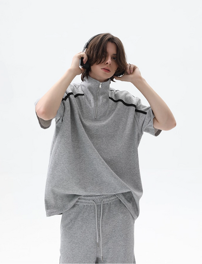 Cui Stand Collar Contrast Line Half-Zip & Structured Scimitar Sweatpants Set-korean-fashion-Clothing Set-Cui's Closet-OH Garments