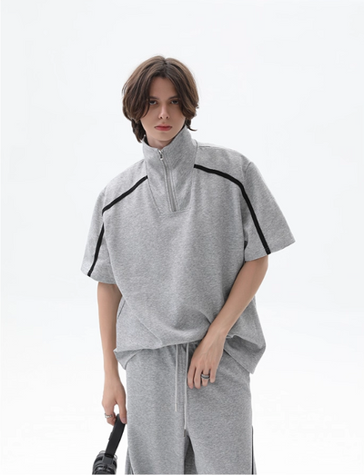 Cui Stand Collar Contrast Line Half-Zip & Structured Scimitar Sweatpants Set-korean-fashion-Clothing Set-Cui's Closet-OH Garments