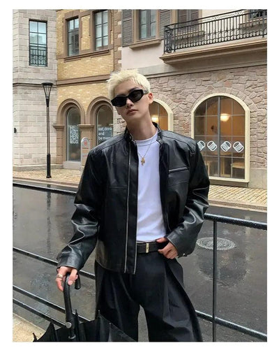 Cui Stand Collar PU Leather Zipped Jacket-korean-fashion-Jacket-Cui's Closet-OH Garments