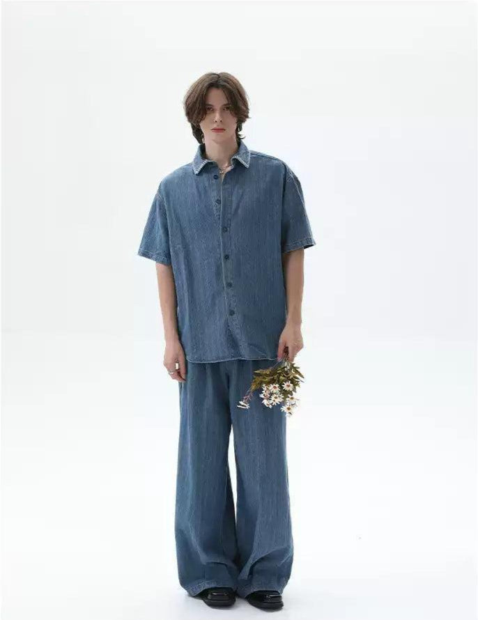 Cui Stitched Collar Striped Denim Shirt & Pleated Jeans Set-korean-fashion-Clothing Set-Cui's Closet-OH Garments