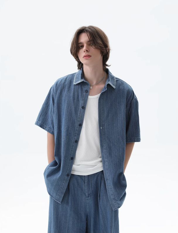 Cui Stitched Collar Striped Denim Shirt & Pleated Jeans Set-korean-fashion-Clothing Set-Cui's Closet-OH Garments