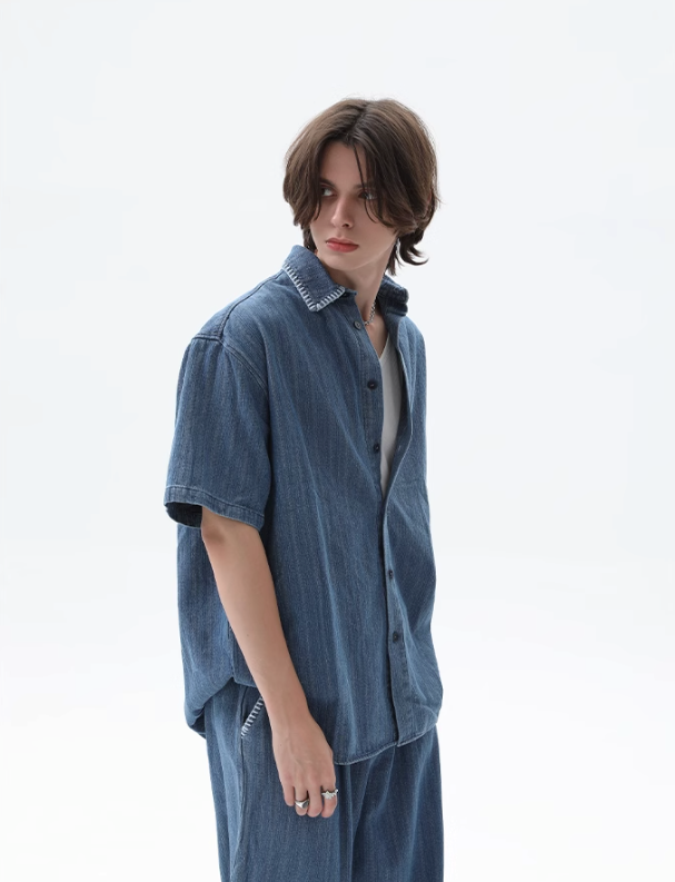 Cui Stitched Collar Striped Denim Shirt & Pleated Jeans Set-korean-fashion-Clothing Set-Cui's Closet-OH Garments