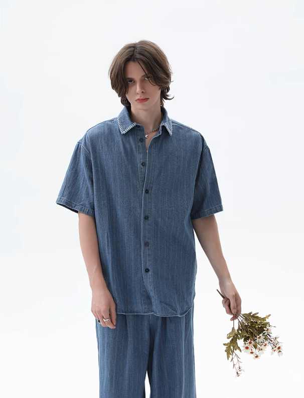 Cui Stitched Collar Striped Denim Shirt & Pleated Jeans Set-korean-fashion-Clothing Set-Cui's Closet-OH Garments