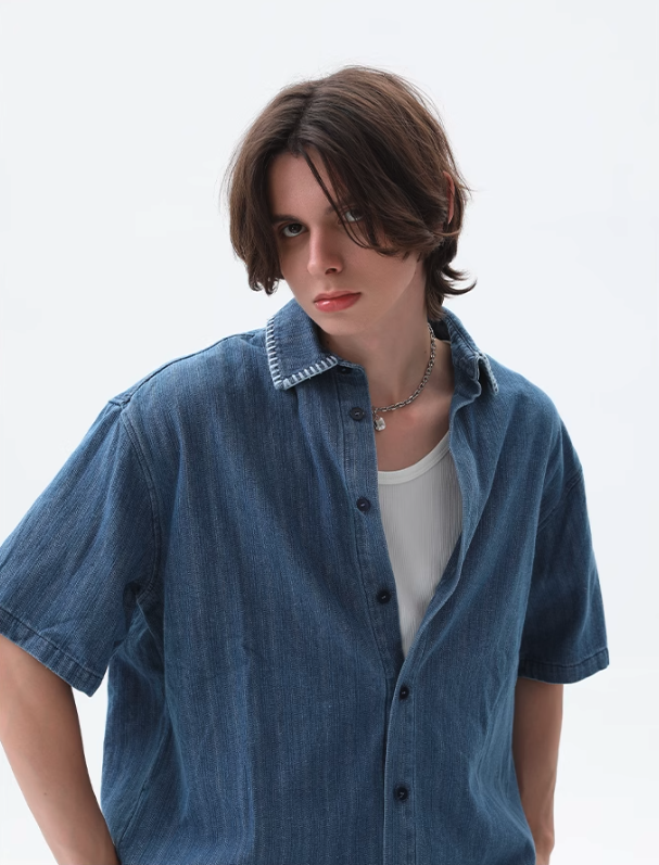 Cui Stitched Collar Striped Denim Shirt & Pleated Jeans Set-korean-fashion-Clothing Set-Cui's Closet-OH Garments