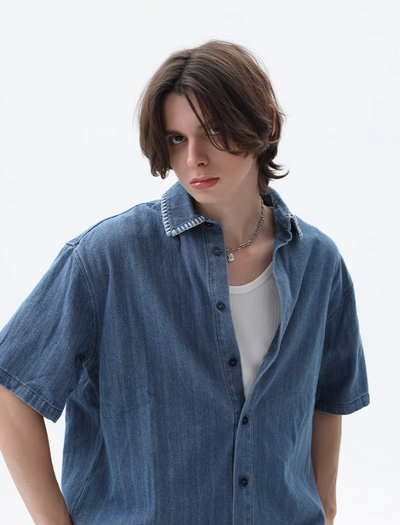 Cui Stitched Collar Striped Denim Shirt & Pleated Jeans Set-korean-fashion-Clothing Set-Cui's Closet-OH Garments