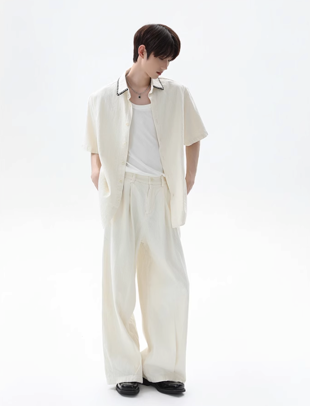 Cui Stitched Collar Striped Denim Shirt & Pleated Jeans Set-korean-fashion-Clothing Set-Cui's Closet-OH Garments