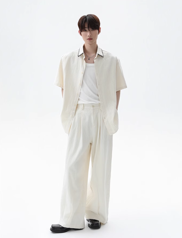 Cui Stitched Collar Striped Denim Shirt & Pleated Jeans Set-korean-fashion-Clothing Set-Cui's Closet-OH Garments