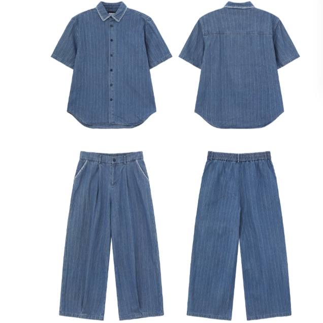 Cui Stitched Collar Striped Denim Shirt & Pleated Jeans Set-korean-fashion-Clothing Set-Cui's Closet-OH Garments
