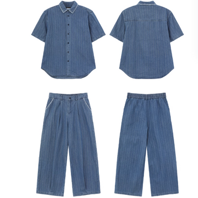 Cui Stitched Collar Striped Denim Shirt & Pleated Jeans Set-korean-fashion-Clothing Set-Cui's Closet-OH Garments