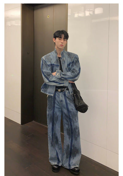 Cui Stitched Dirty-Dyed Denim Jacket & Jeans Set-korean-fashion-Clothing Set-Cui's Closet-OH Garments