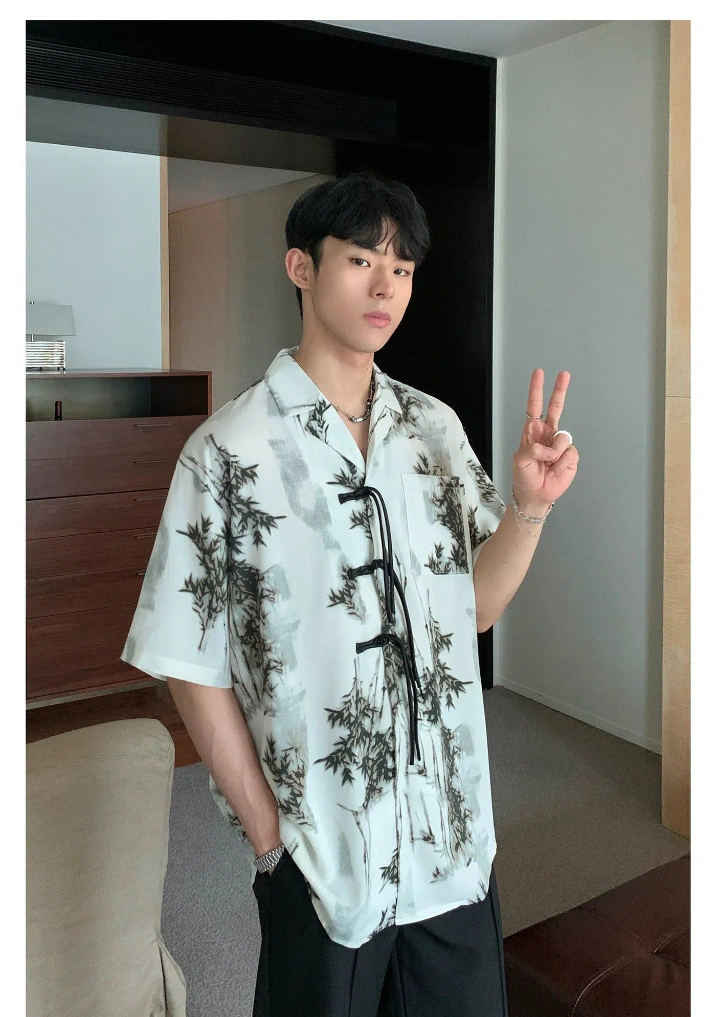Cui Strings Button Leaf Pattern Shirt-korean-fashion-Shirt-Cui's Closet-OH Garments