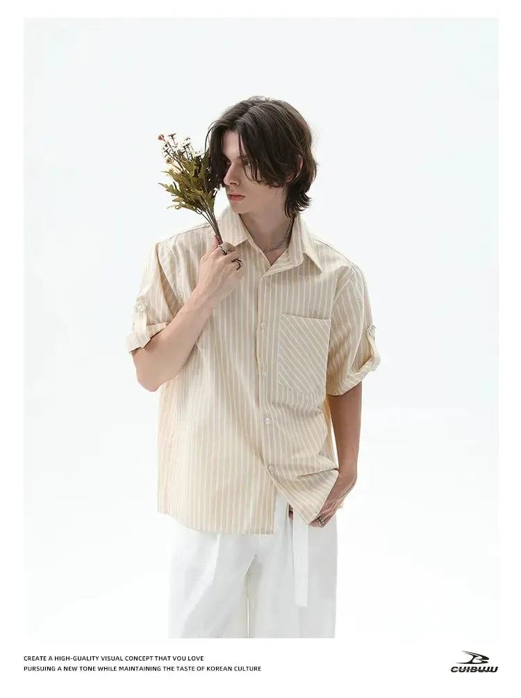 Cui Striped Contrast Pocket S/S Shirt-korean-fashion-Shirt-Cui's Closet-OH Garments