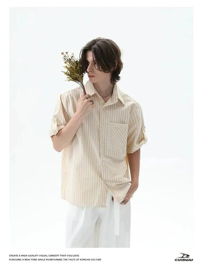 Cui Striped Contrast Pocket S/S Shirt-korean-fashion-Shirt-Cui's Closet-OH Garments
