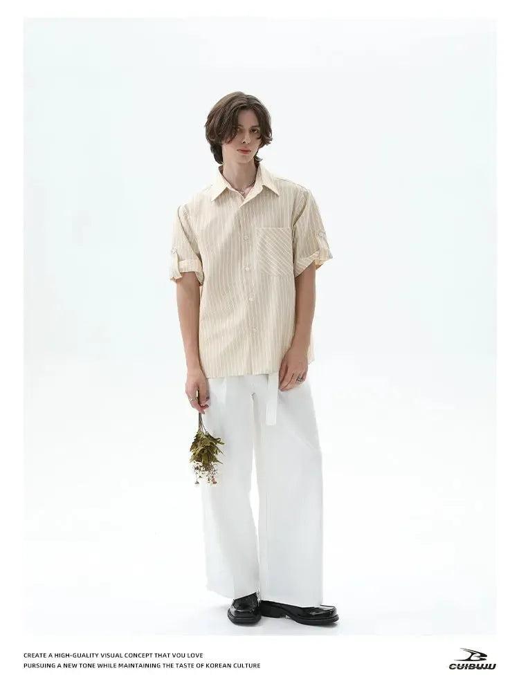 Cui Striped Contrast Pocket S/S Shirt-korean-fashion-Shirt-Cui's Closet-OH Garments