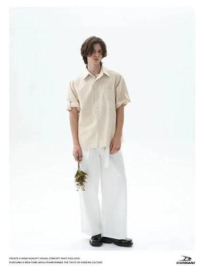 Cui Striped Contrast Pocket S/S Shirt-korean-fashion-Shirt-Cui's Closet-OH Garments