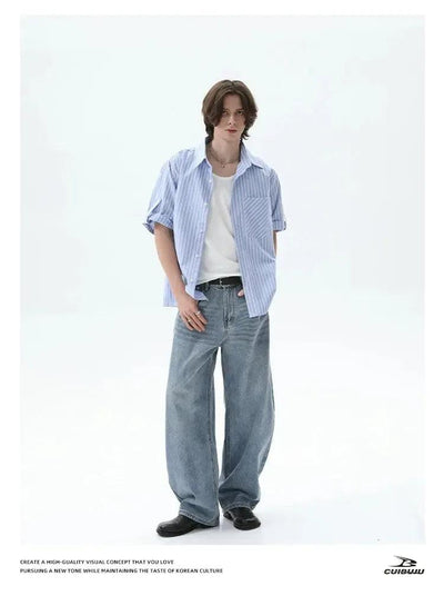 Cui Striped Contrast Pocket S/S Shirt-korean-fashion-Shirt-Cui's Closet-OH Garments
