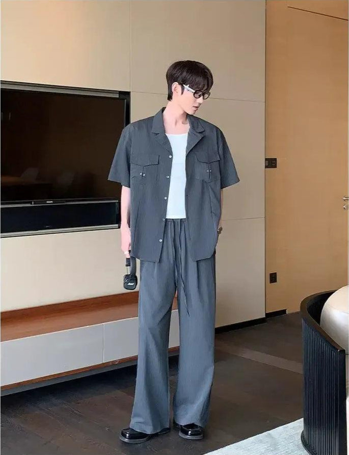 Cui Striped Eyelet Details Shirt & Elastic Waist Pants Set-korean-fashion-Clothing Set-Cui's Closet-OH Garments