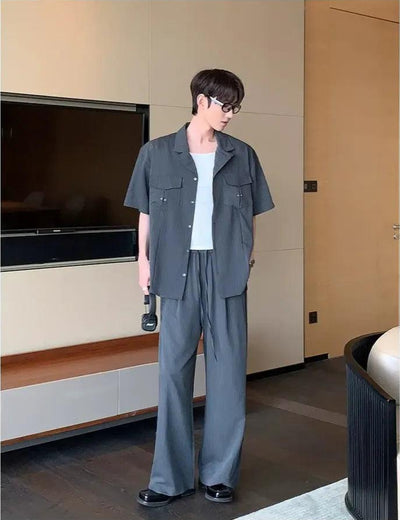Cui Striped Eyelet Details Shirt & Elastic Waist Pants Set-korean-fashion-Clothing Set-Cui's Closet-OH Garments