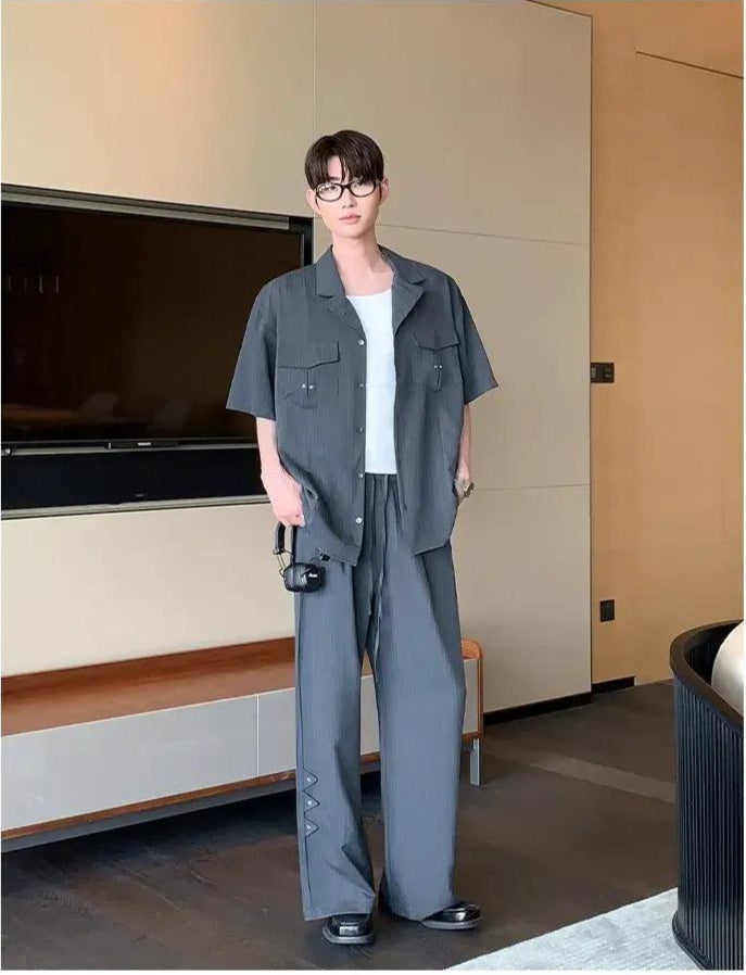 Cui Striped Eyelet Details Shirt & Elastic Waist Pants Set-korean-fashion-Clothing Set-Cui's Closet-OH Garments