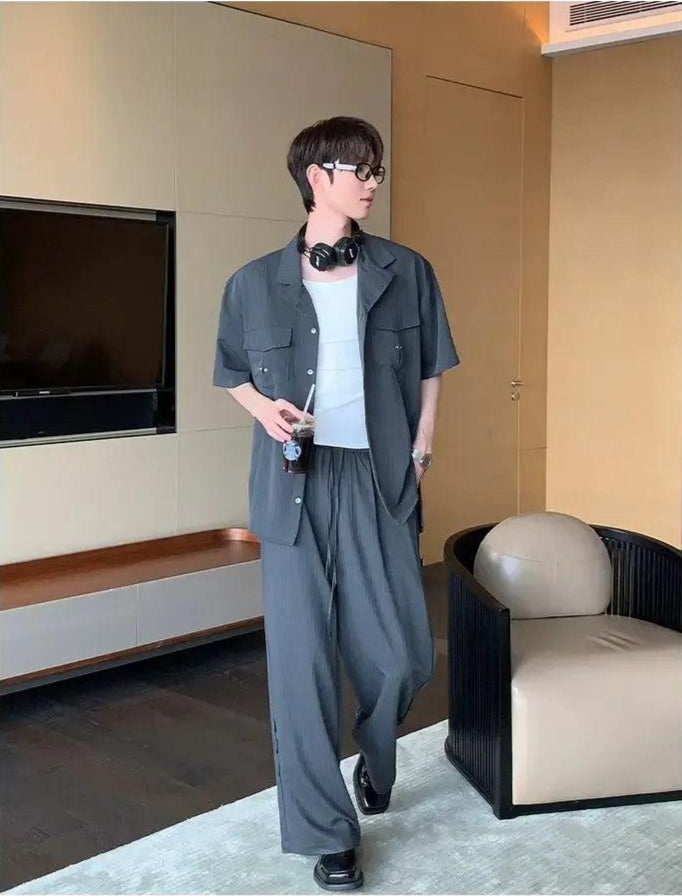 Cui Striped Eyelet Details Shirt & Elastic Waist Pants Set-korean-fashion-Clothing Set-Cui's Closet-OH Garments
