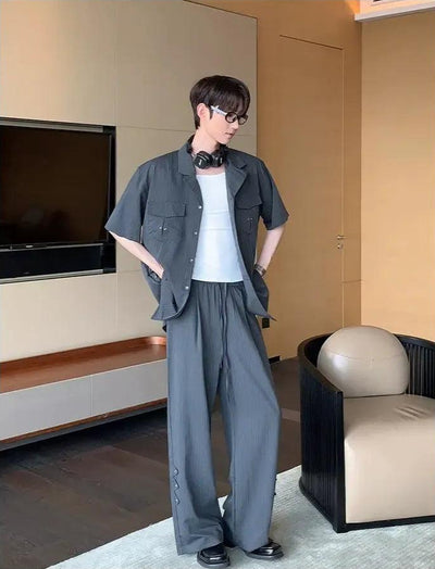 Cui Striped Eyelet Details Shirt & Elastic Waist Pants Set-korean-fashion-Clothing Set-Cui's Closet-OH Garments