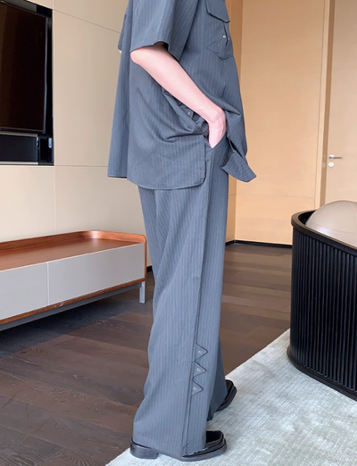 Cui Striped Eyelet Details Shirt & Elastic Waist Pants Set-korean-fashion-Clothing Set-Cui's Closet-OH Garments