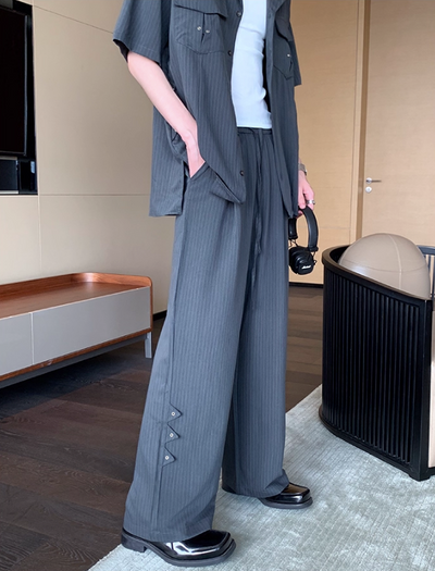 Cui Striped Eyelet Details Shirt & Elastic Waist Pants Set-korean-fashion-Clothing Set-Cui's Closet-OH Garments