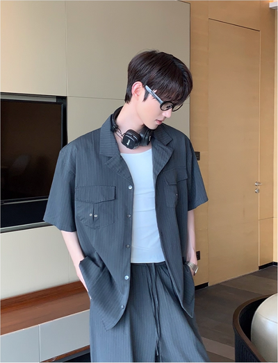 Cui Striped Eyelet Details Shirt & Elastic Waist Pants Set-korean-fashion-Clothing Set-Cui's Closet-OH Garments